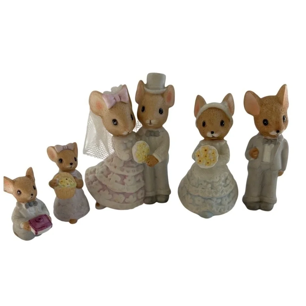 Vintage Miniature Mouse Wedding Party Figurines Fairy Garden Bride‎ Groom 6pcHip